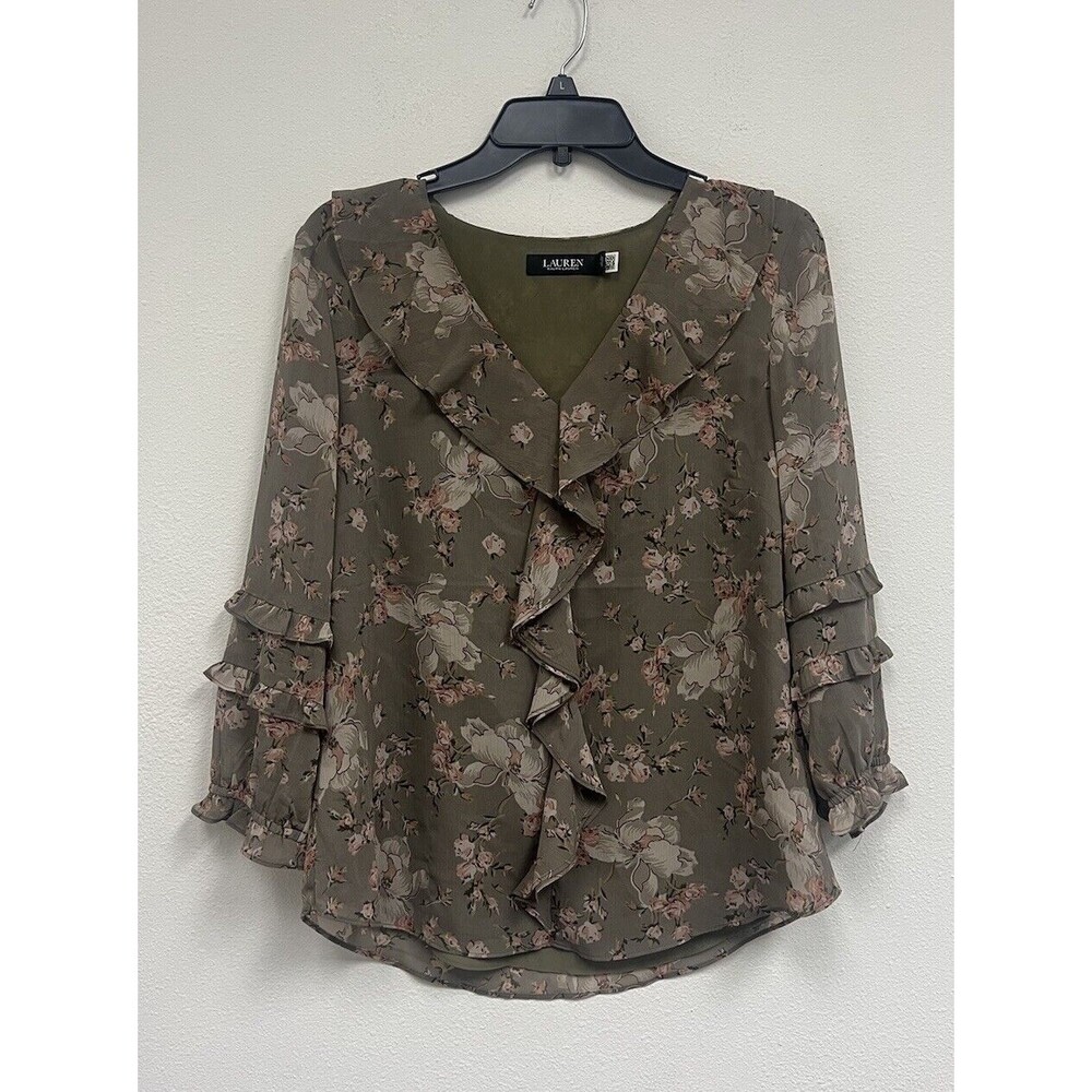 LAUREN RALPH LAUREN Floral Ruffle-Trim Georgette Blouse Size Medium